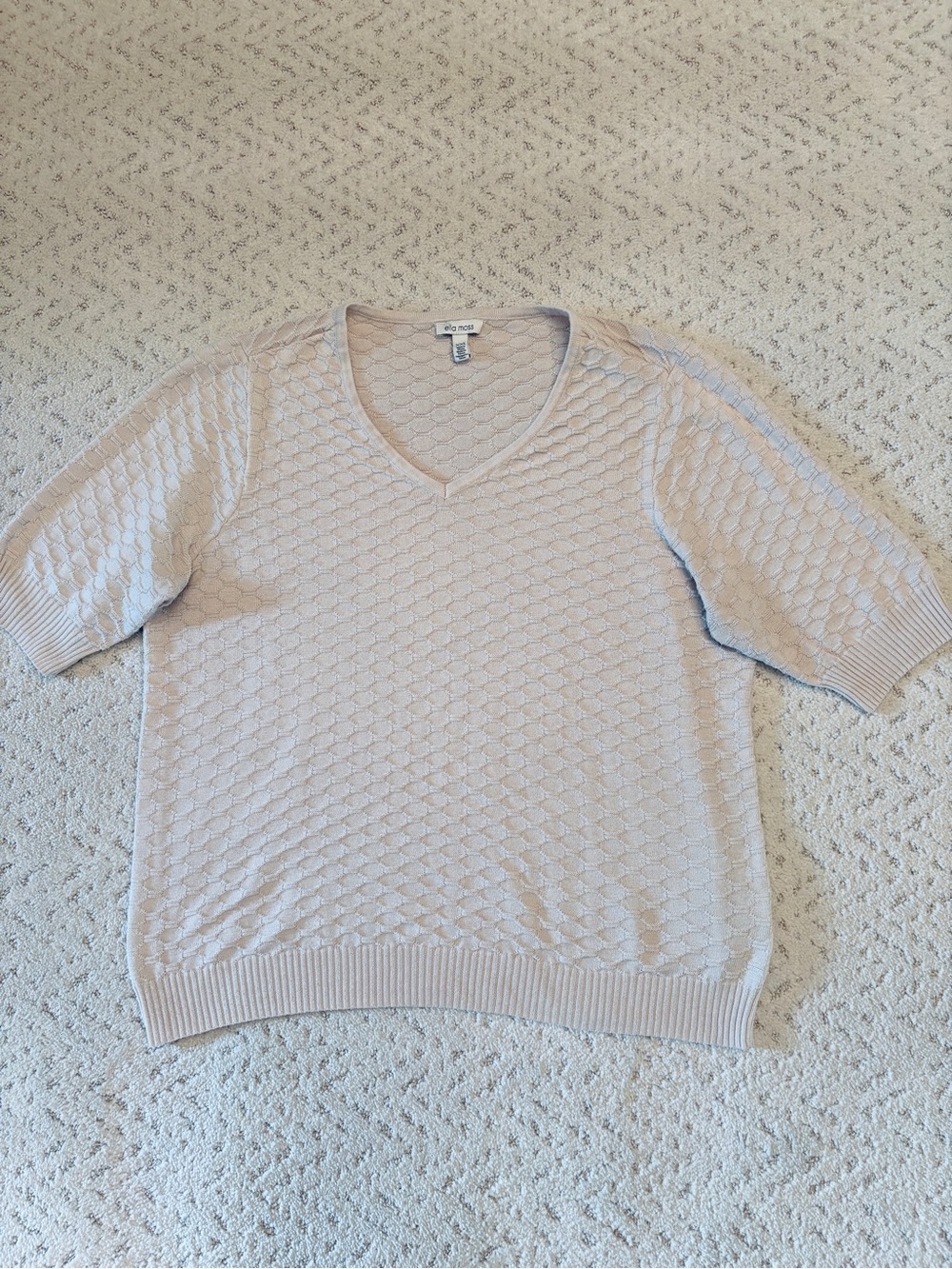Ella Moss Short-Sleeve V Neck Sweater Size XXL Creamy Beige Honeycomb Knit Top
